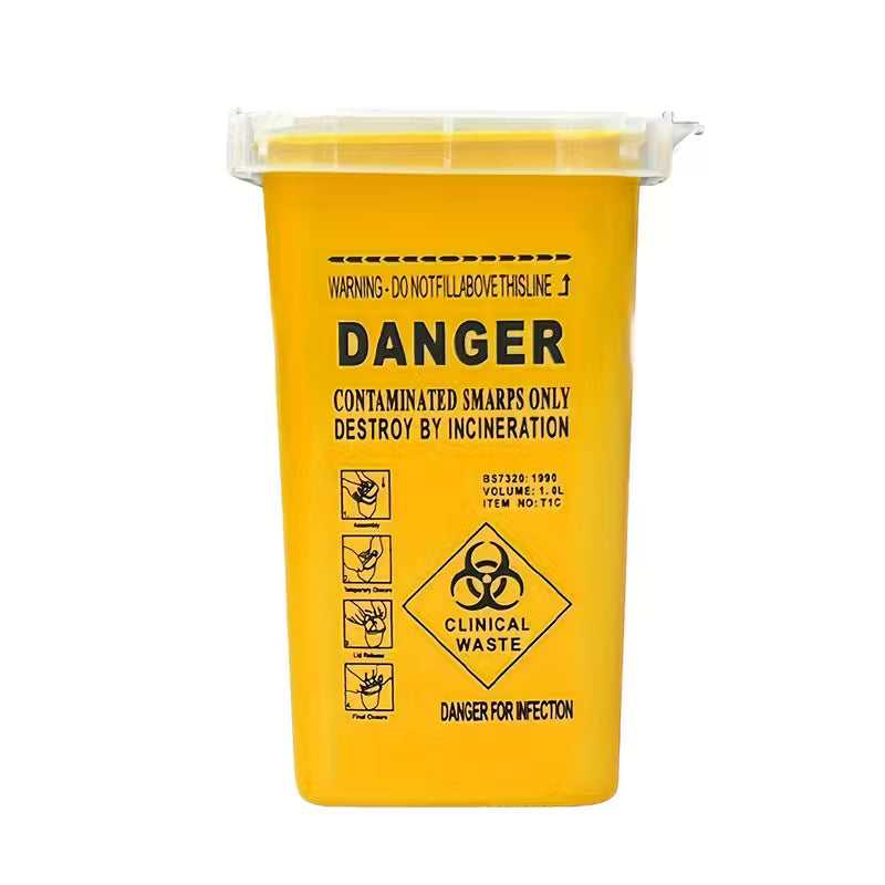 Yellow hazardous waste bin sharps container 